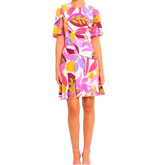 Donna Morgan White Multi Floral Ruched Short Sleeve Mini Dress 8/Medium NWOT - Picture 1 of 16